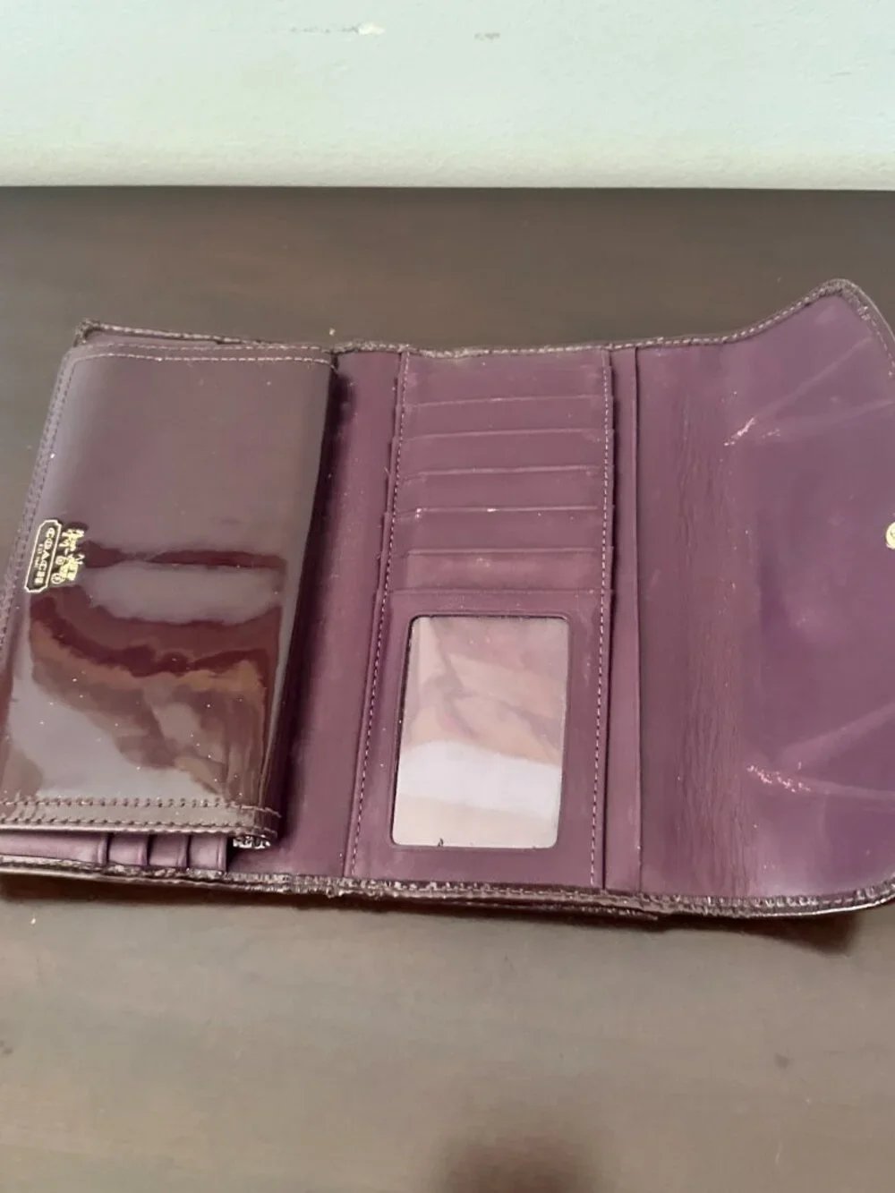 Coach Madison Burgundy Patent Leather Trifold Wallet With Check Book